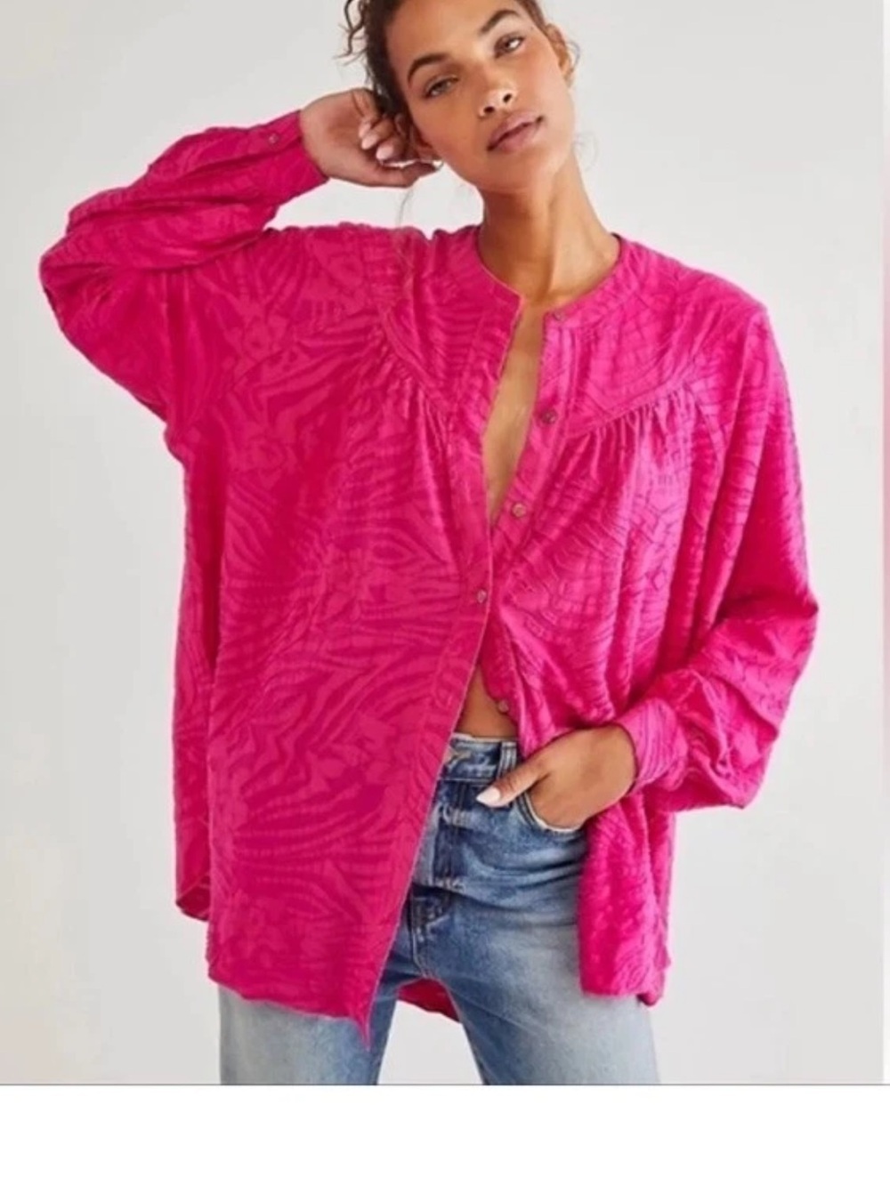 Free People NWT Women's Hot Pink Button-Front Textured Blouse size S
